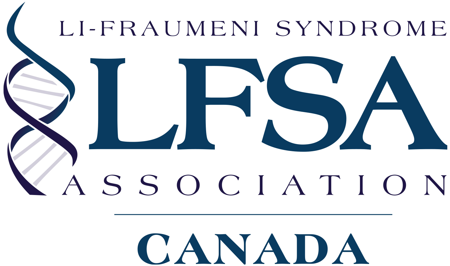 Logo for the LFSA that reads, 'Li-Fraumeni Syndrome Association Canada' with a blue DNA spiral on the left side.